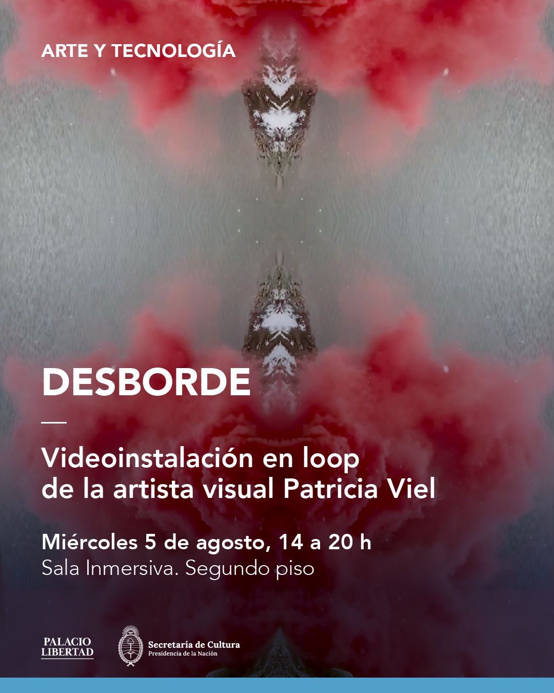 Flyer Desborde, videoinstalación de Patricia Viel, Sala Inmersiva del Palacio Libertad